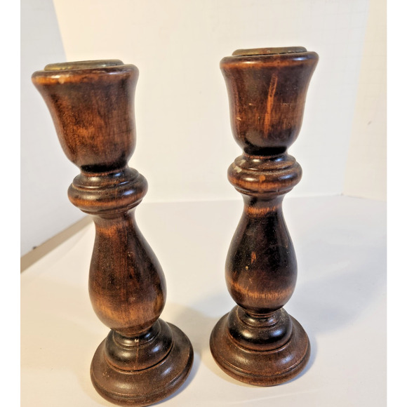 Pair of Vintage Wooden Taper Candlestick Holders 7” Tall Mid-Century Home Decor - Picture 1 of 5